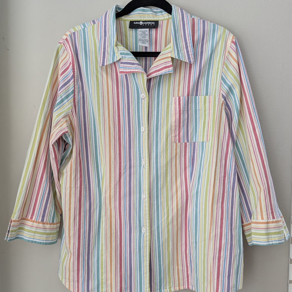 Sag Harbor Rainbow Striped Button Down | XL | Cotton Blend